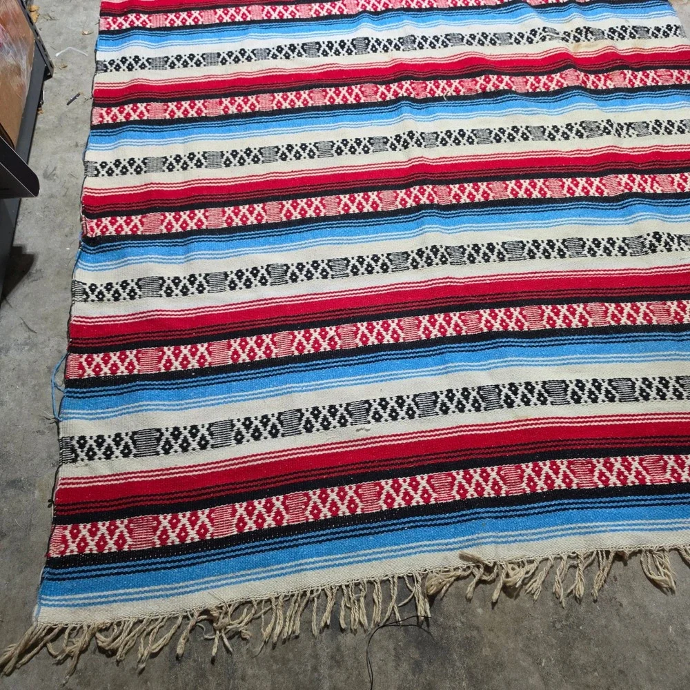 Vintage Mexican Serape Blanket Rug Striped Geometric Fringe Good 84